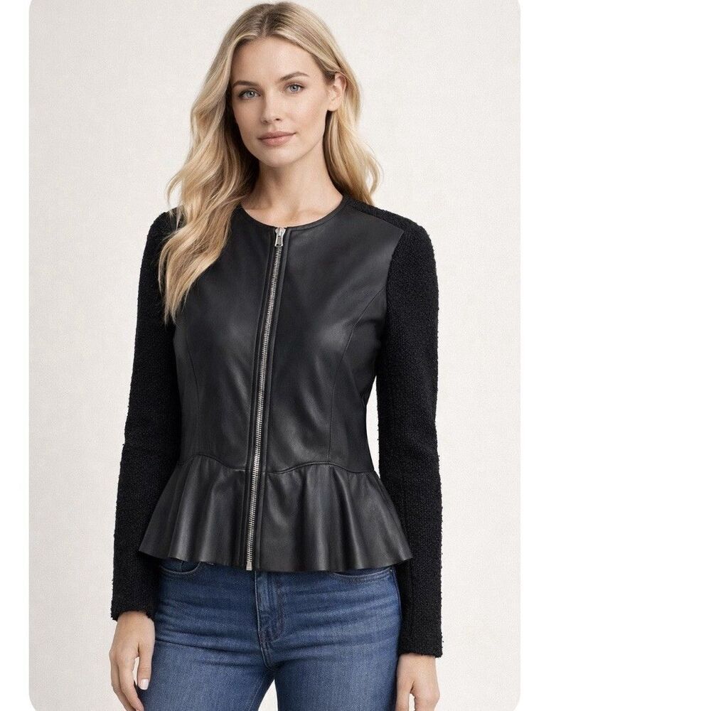 Rebecca Taylor Black Lambskin Leather Tweed Knit Biker Peplum Jacket Size 8